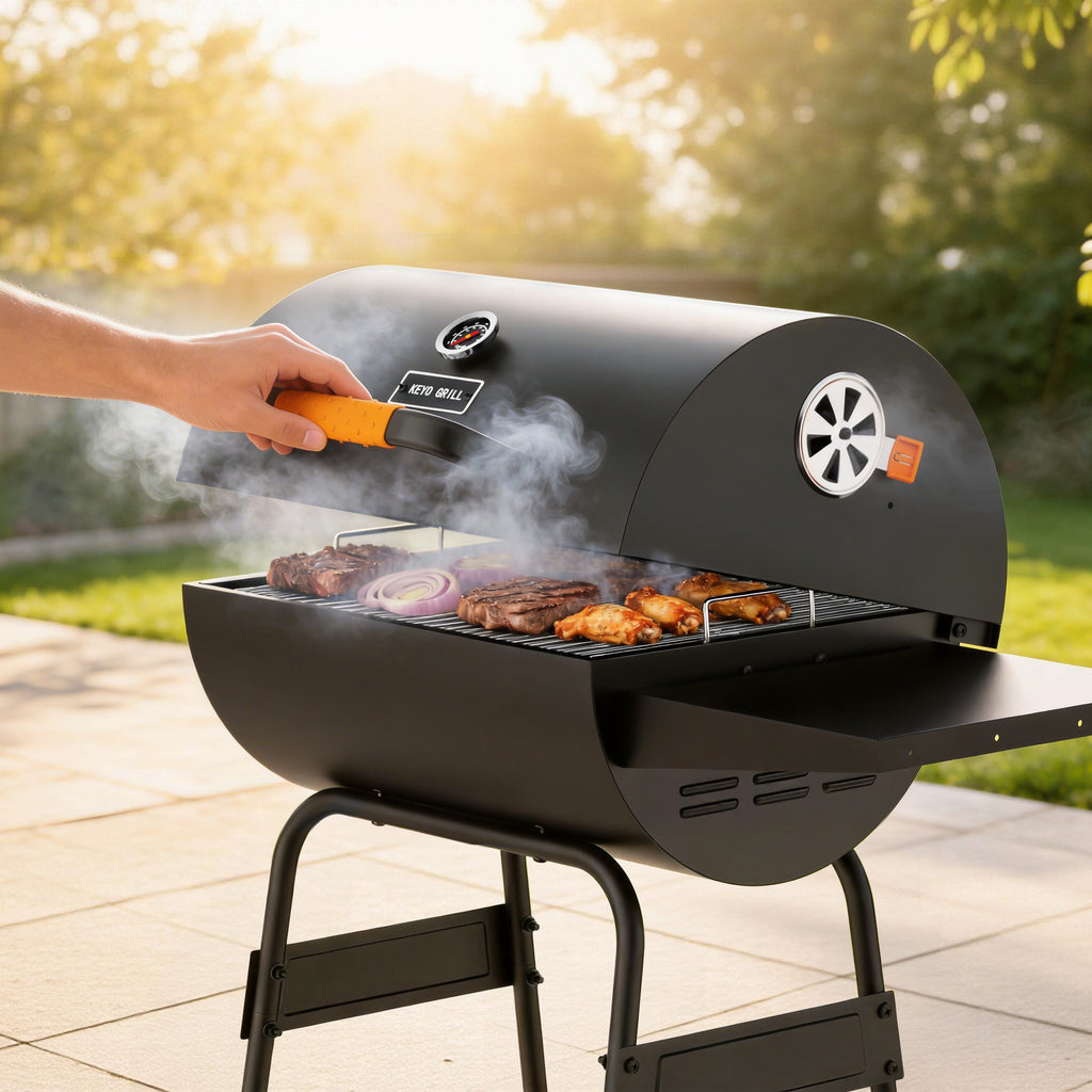 KEYO GRILL 20 Inch Barrel Charcoal Grill, Height Adjustable Charcoal Pan & Warming Rack for Backyard Patio