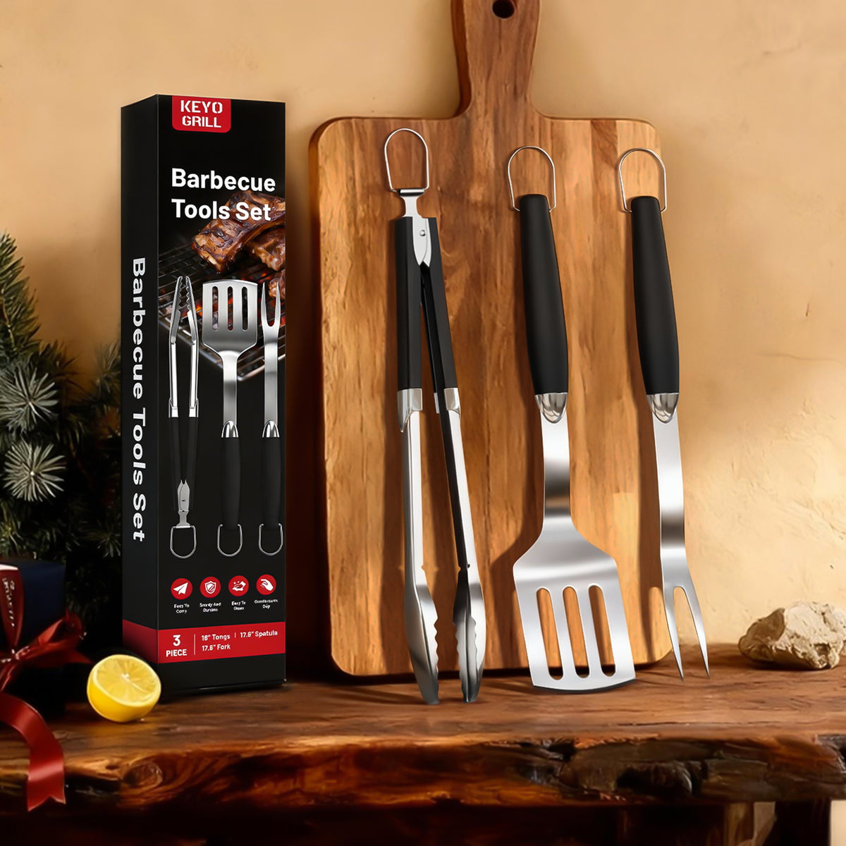 KEYO GRILL Grilling Accessories BBQ Grill Tools Set, 3 Pieces Stainless Steel Grill Kit