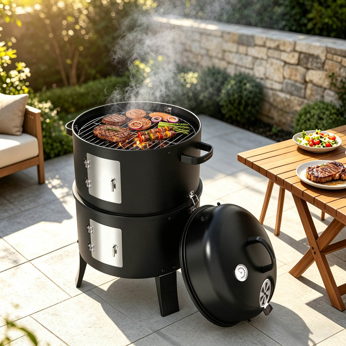 KEYO GRILL 3 in 1 Vertical Charcoal Smoker Grill BBQ Smoker, Outdoor Barbecue Pit Smoker for Backyard, Black