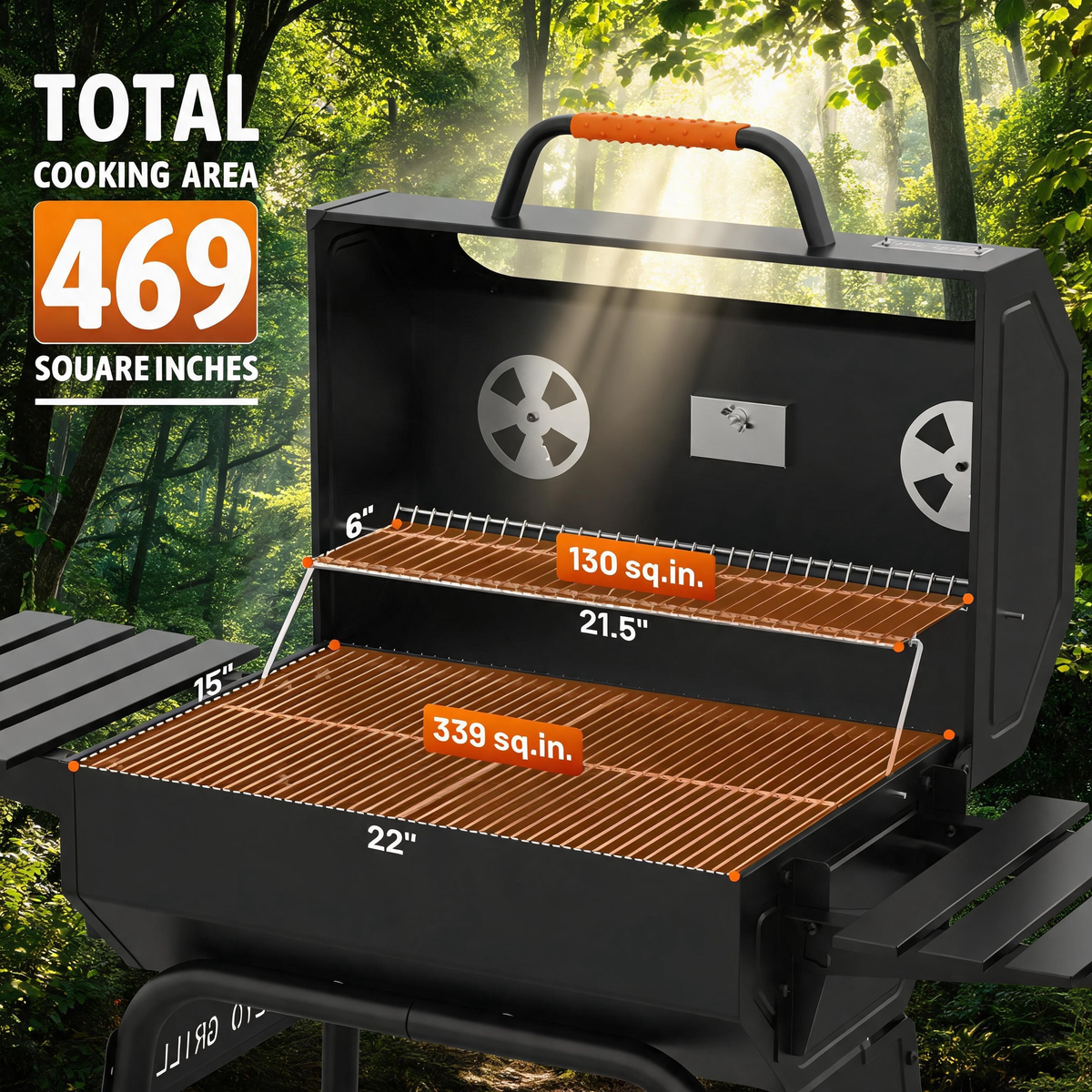 KEYO GRILL 22" Charcoal Grill with Glass Window, 469 Sq. in. Cooking Area, Foldable Side Shelf for Backyard, Black (No ratings yet)