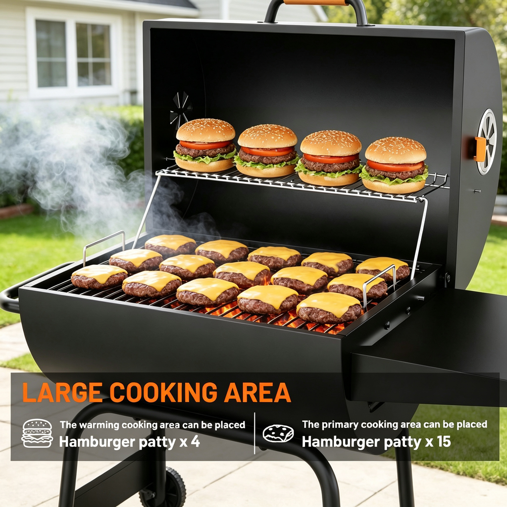 KEYO GRILL 20 Inch Barrel Charcoal Grill, Height Adjustable Charcoal Pan & Warming Rack for Backyard Patio